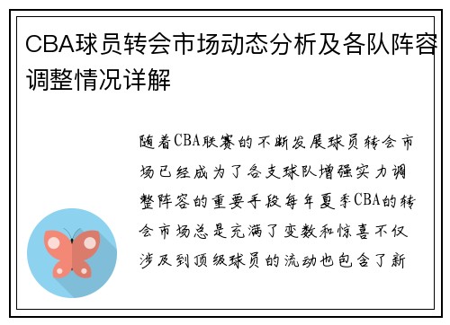 CBA球员转会市场动态分析及各队阵容调整情况详解